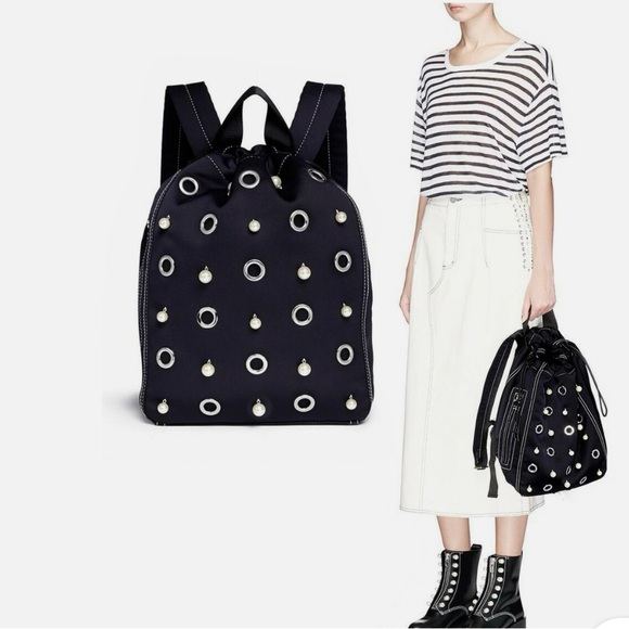 3.1 Phillip Lim Go-Go Faux Pearl and Eyelet Black Satin Drawstring Backpack - Picture 3 of 6